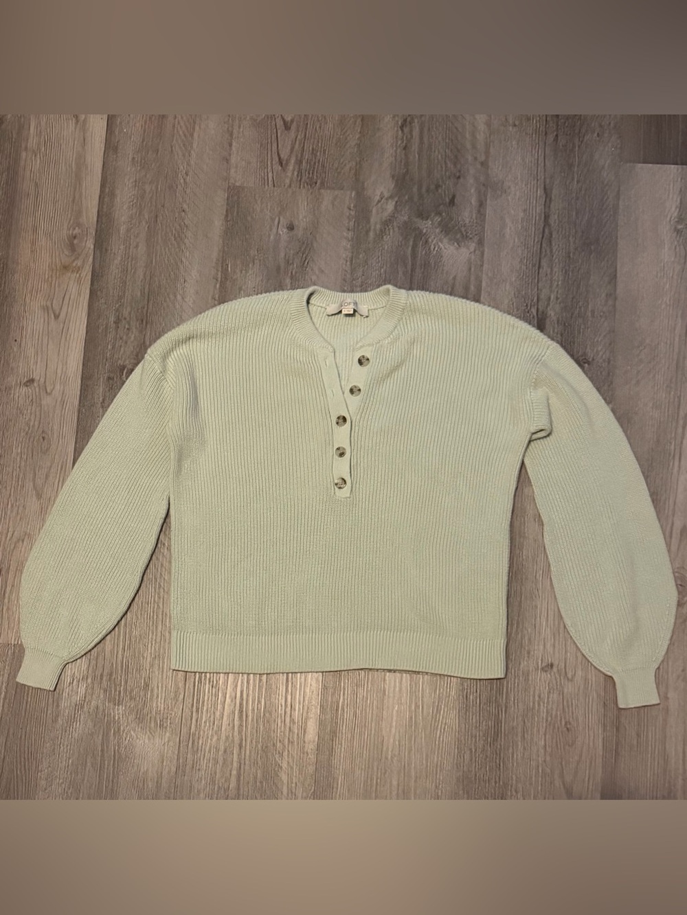 LOFT Light Sage Ribbed Henley Crewneck Sweater